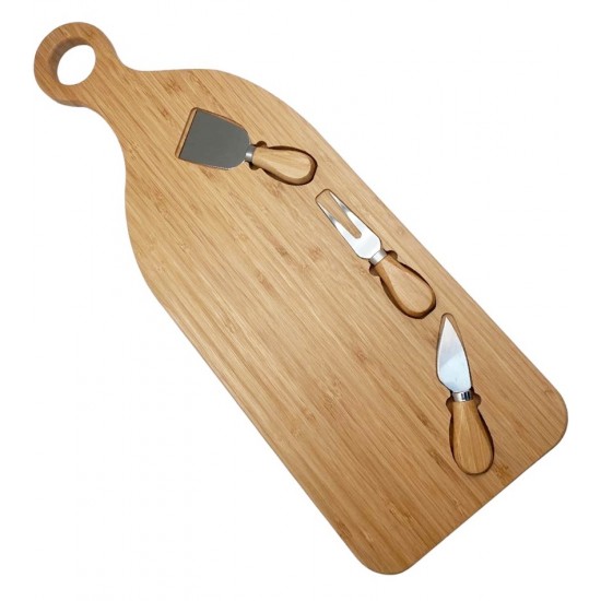 Jogo Para Queijo 56cm comprimento por 20cm Largura Com Tábua De Bambu E 3 Utensilios